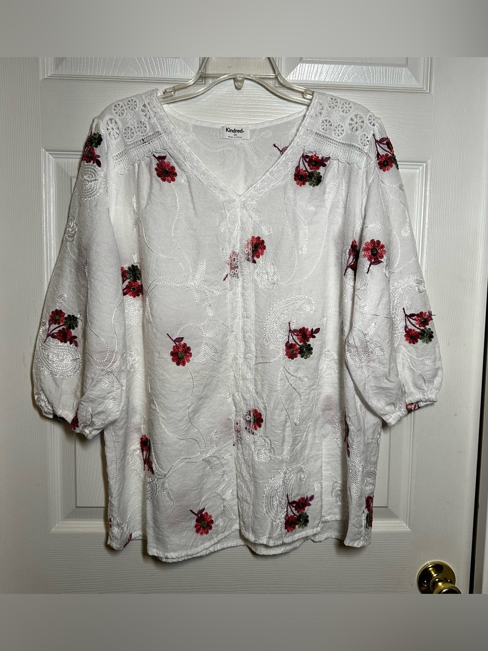 Kindred White Floral Embroidered Crochet Lace Boho Tunic Top 3/4 Sleeve Size 2X